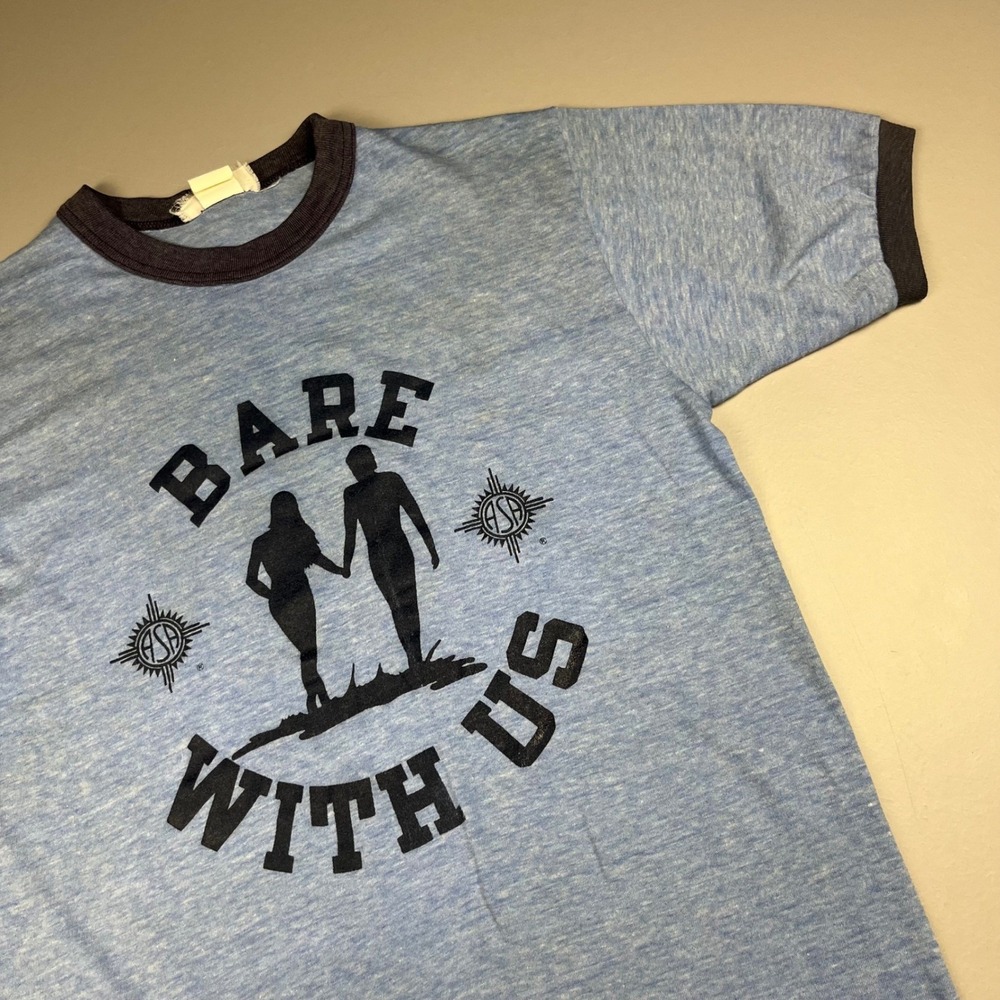 Vintage ASA Ringer T Shirt Mens Small Blue Bare With Us Nudist Graphic Tee